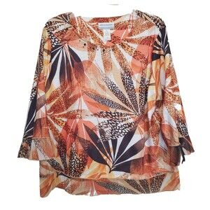 Alfred Dunner Petite Animal Leaf Print Studded Chiffon Hem Blouse Size PXL